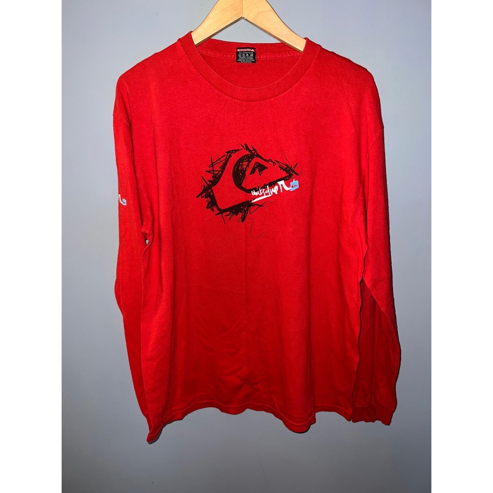 Quiksilver Mens Red Long Sleeve Graphic Sketch Logo Surf Tee Shirt Large